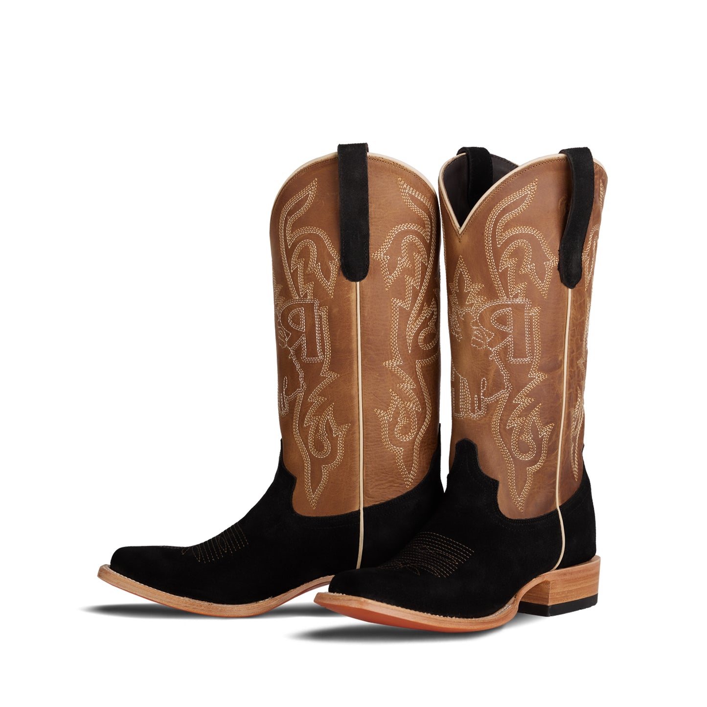 Contrast Brown And Black Faux Suede Square-Toe Chic Embroidery Mid Calf Cowgirl Boots