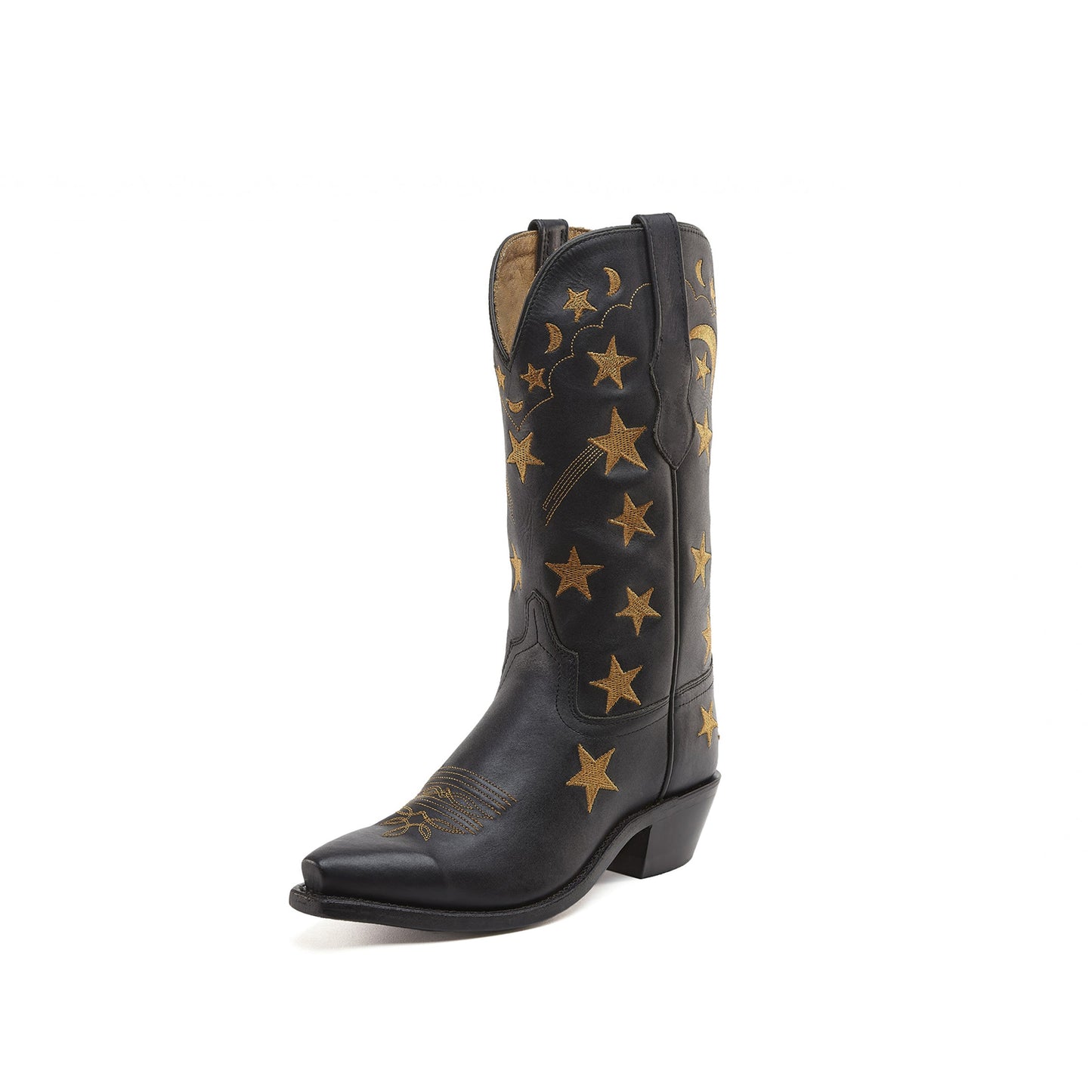 Black Snip-Toe Stars And Moons Embroidery Mid Calf Cowgirl Boots