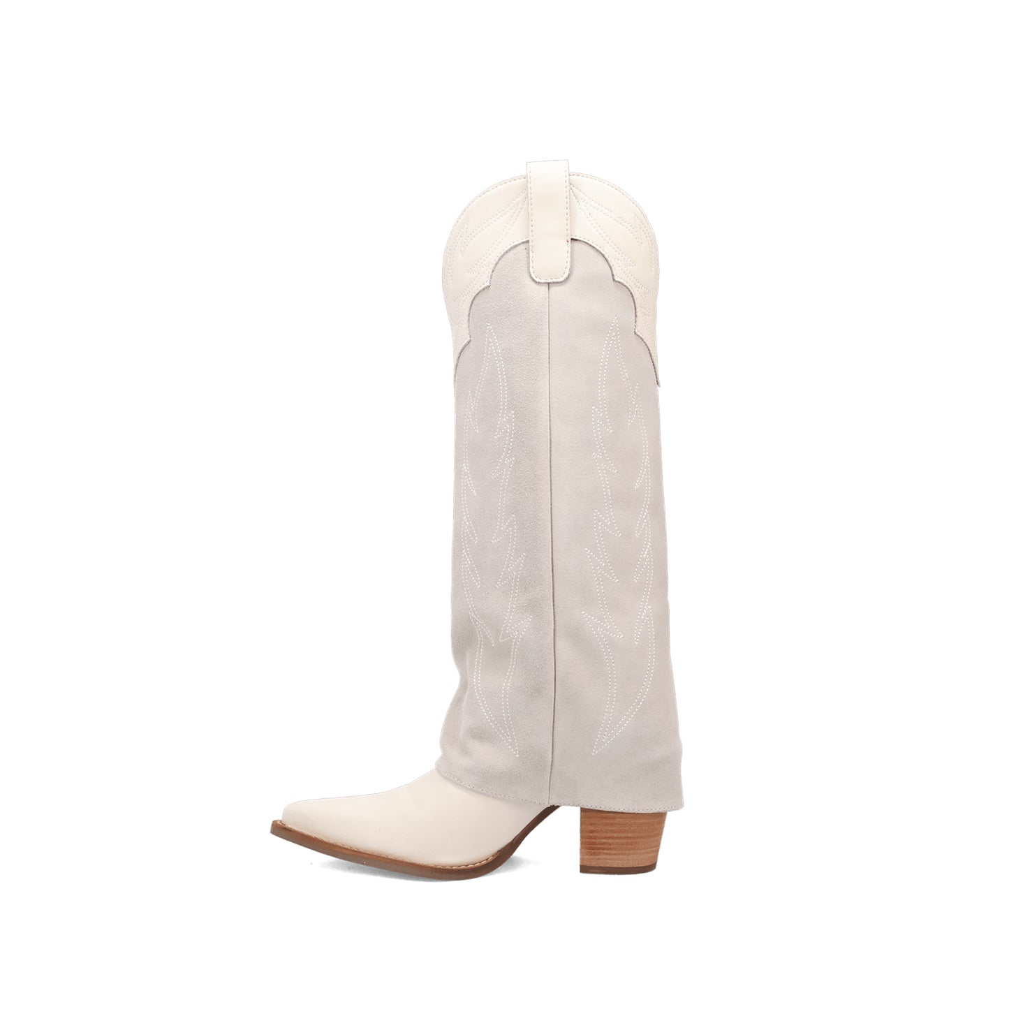 White Snip-Toe Faux Suede Fold-Over Embroidery Wide Calf Knee High Cowgirl Boots