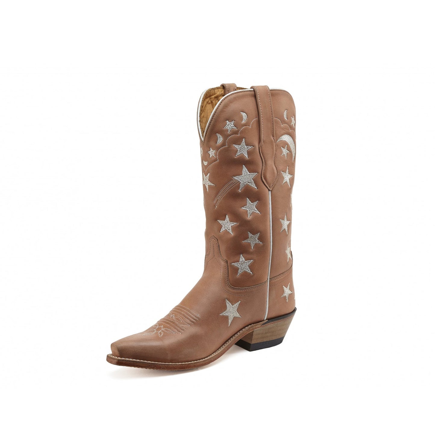 Pink Snip-Toe Stars And Moons Embroidery Mid Calf Cowgirl Boots