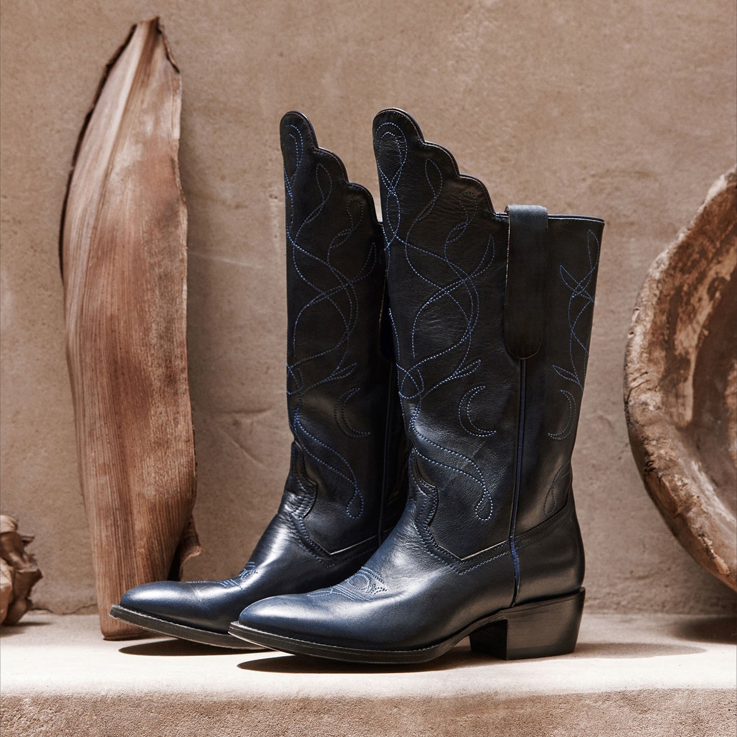 Blue Round-Toe Classic Embroidery Mid Calf Cowgirl Boots For Women