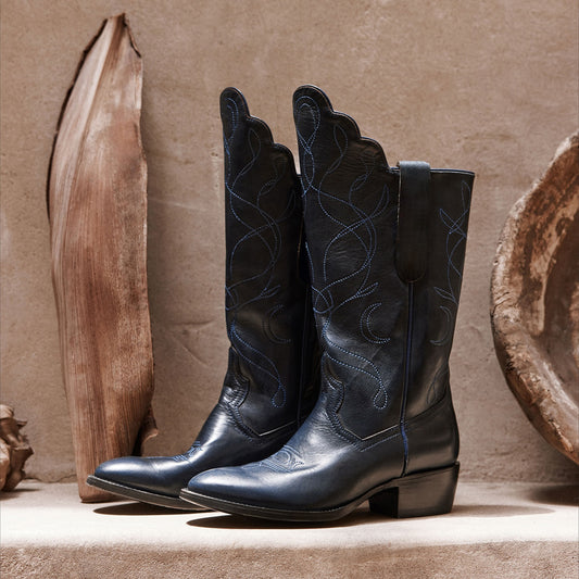 Blue Round-Toe Classic Embroidery Mid Calf Cowgirl Boots For Women