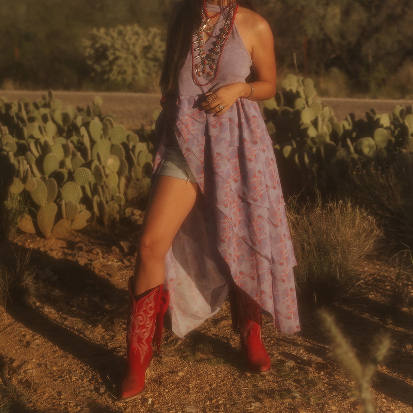 Red Pointed-Toe Embroidery Back Studded Bow Mid Calf Cowgirl Boots