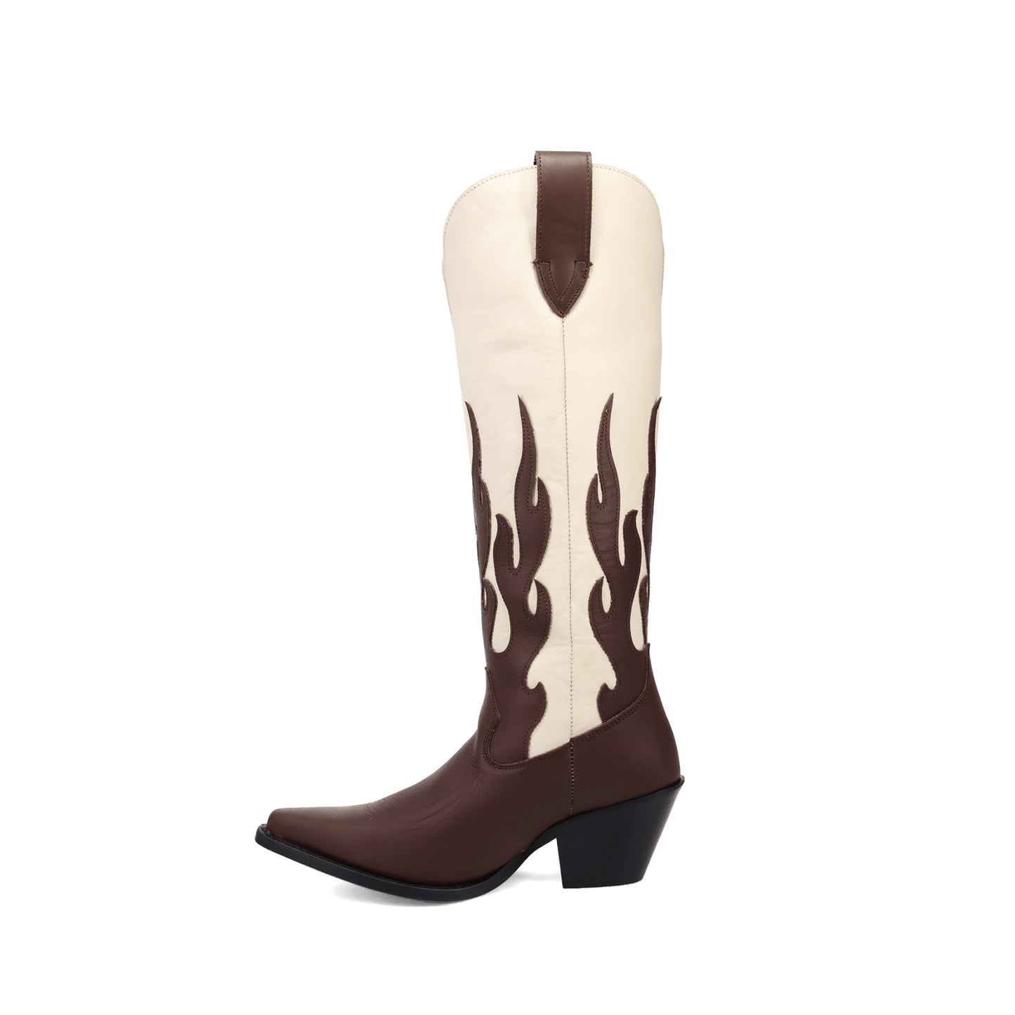 Contrast Brown And Ivory Pointed-Toe Flame Appliques Wide Calf Knee High Cowgirl Boots
