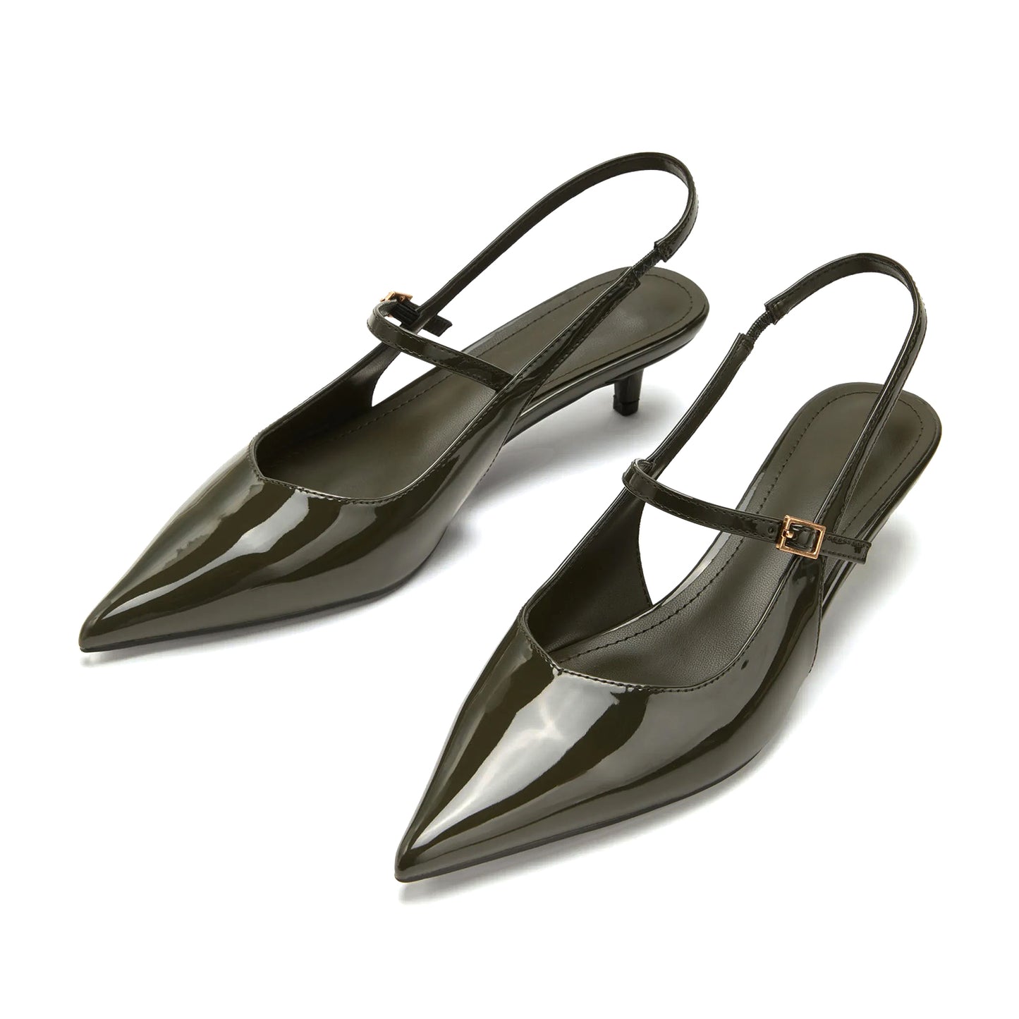 Patent Dark Green Pointed-Toe Middle And Back Strap Chic Kitten Heels