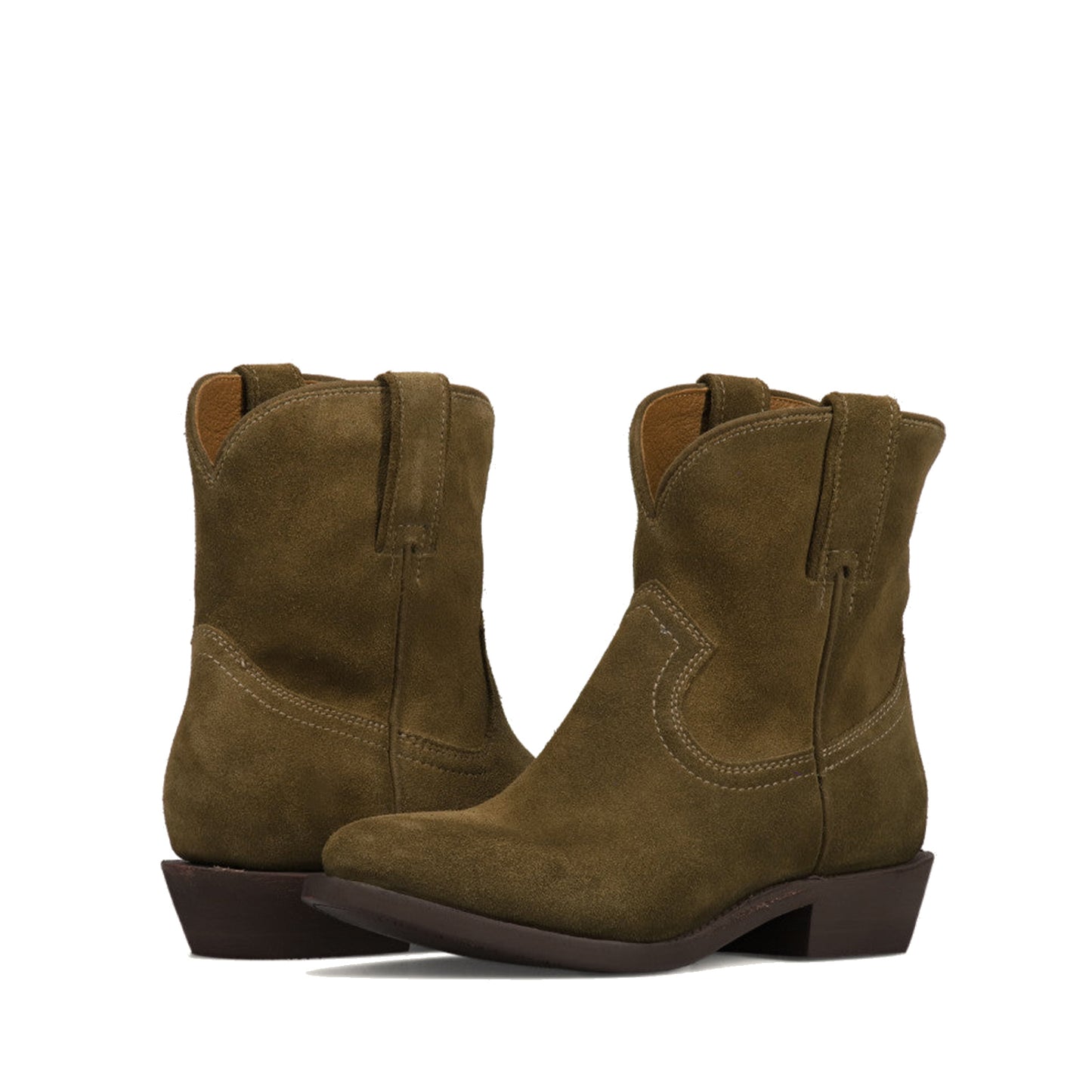 Moss Green Faux Suede Round-Toe Simple Slip-On Ankle Cowgirl Boots