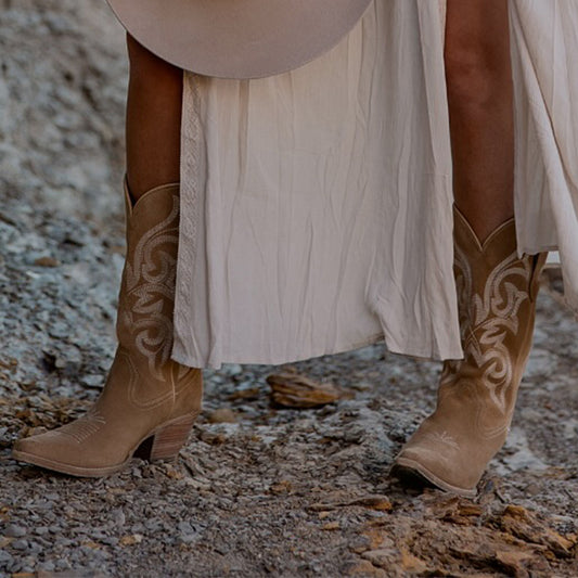 Sand Faux Suede Snip-Toe Mid Calf Embroidery Cowgirl Boots