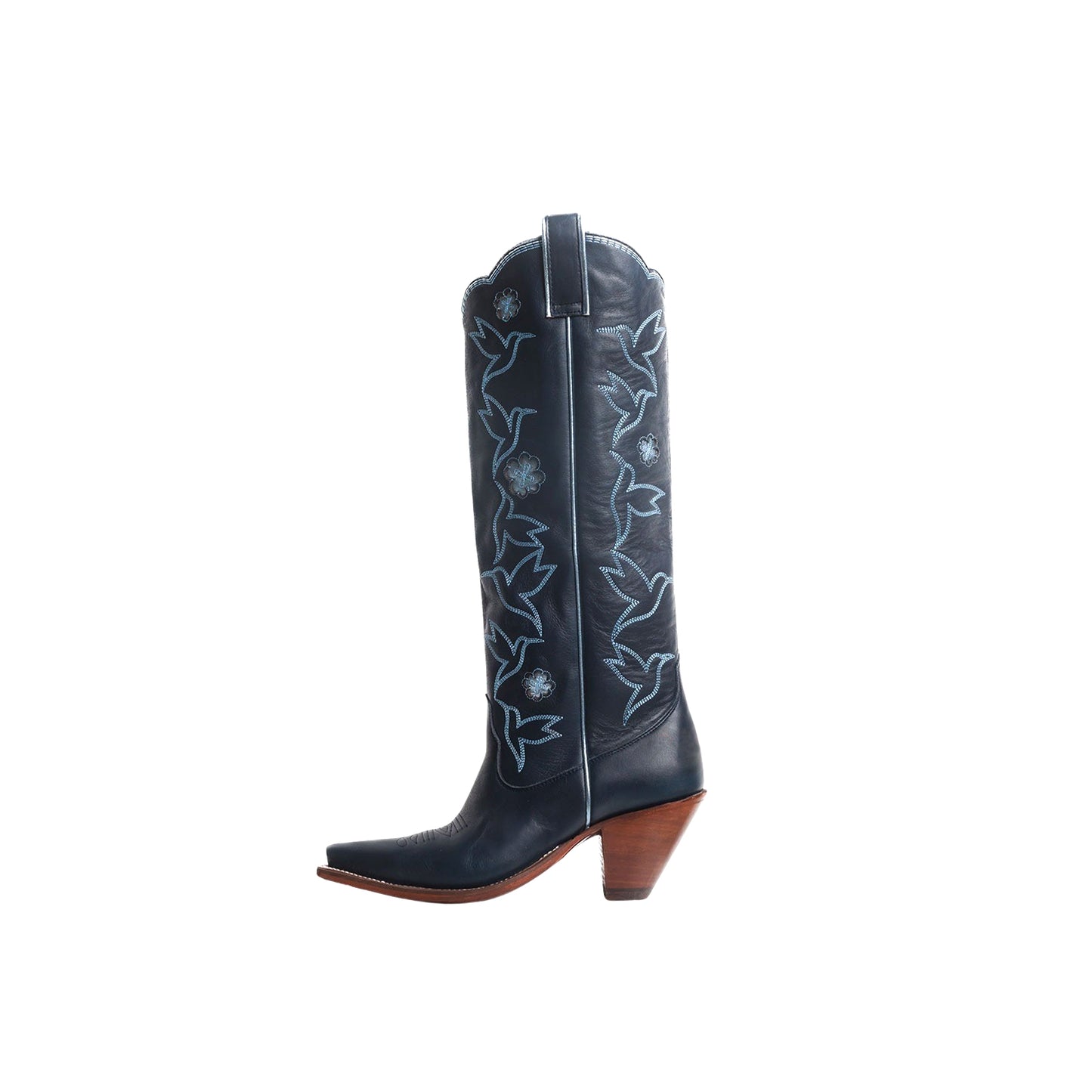 Navy Snip-Toe Birds Embroidery Flowers Inlay Wide Calf Knee High Cowgirl Boots
