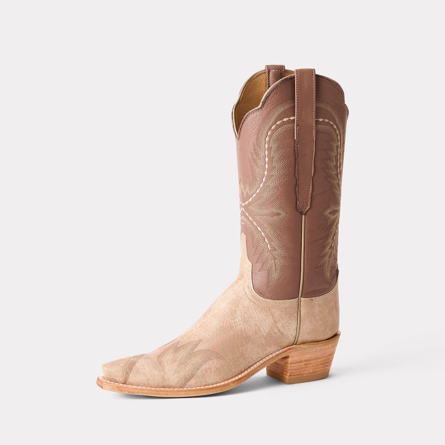 Contrast Tan And Beige Snip-Toe Western Embroidery Mid Calf Chic Cowgirl Boots