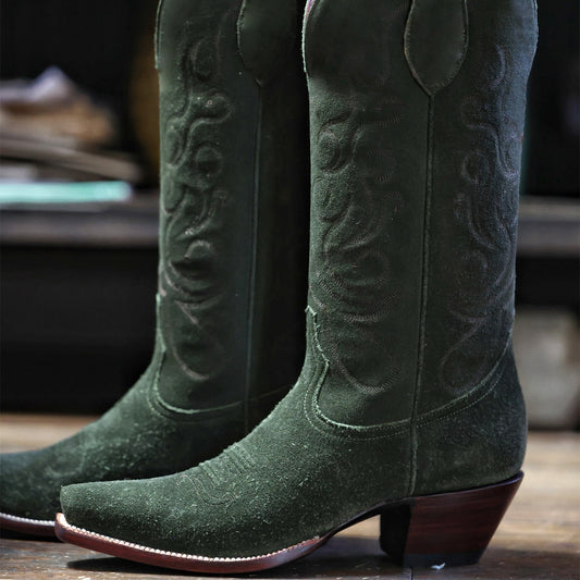 Green Faux Suede Snip-Toe Chic Embroidery Mid Calf Cowgirl Boots