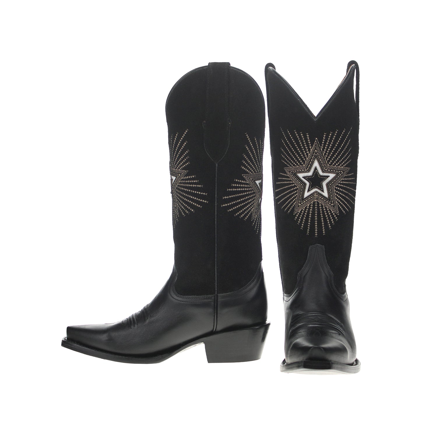 Black Snip-Toe Star Embroidery Wide Calf Knee High Cowgirl Boots