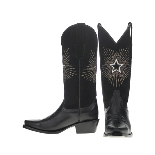 Black Snip-Toe Star Embroidery Wide Calf Knee High Cowgirl Boots