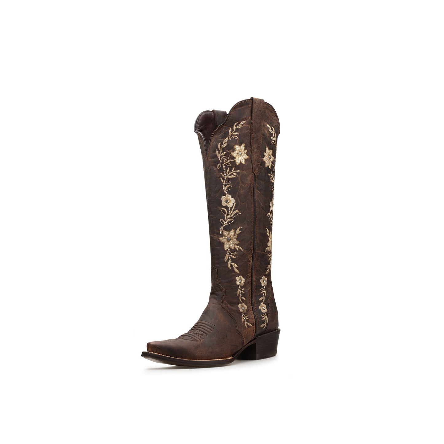 Distressed Coffee Snip-Toe Flower Embroidery Rhinestone Studs Wide Calf Knee High Cowgirl Boots