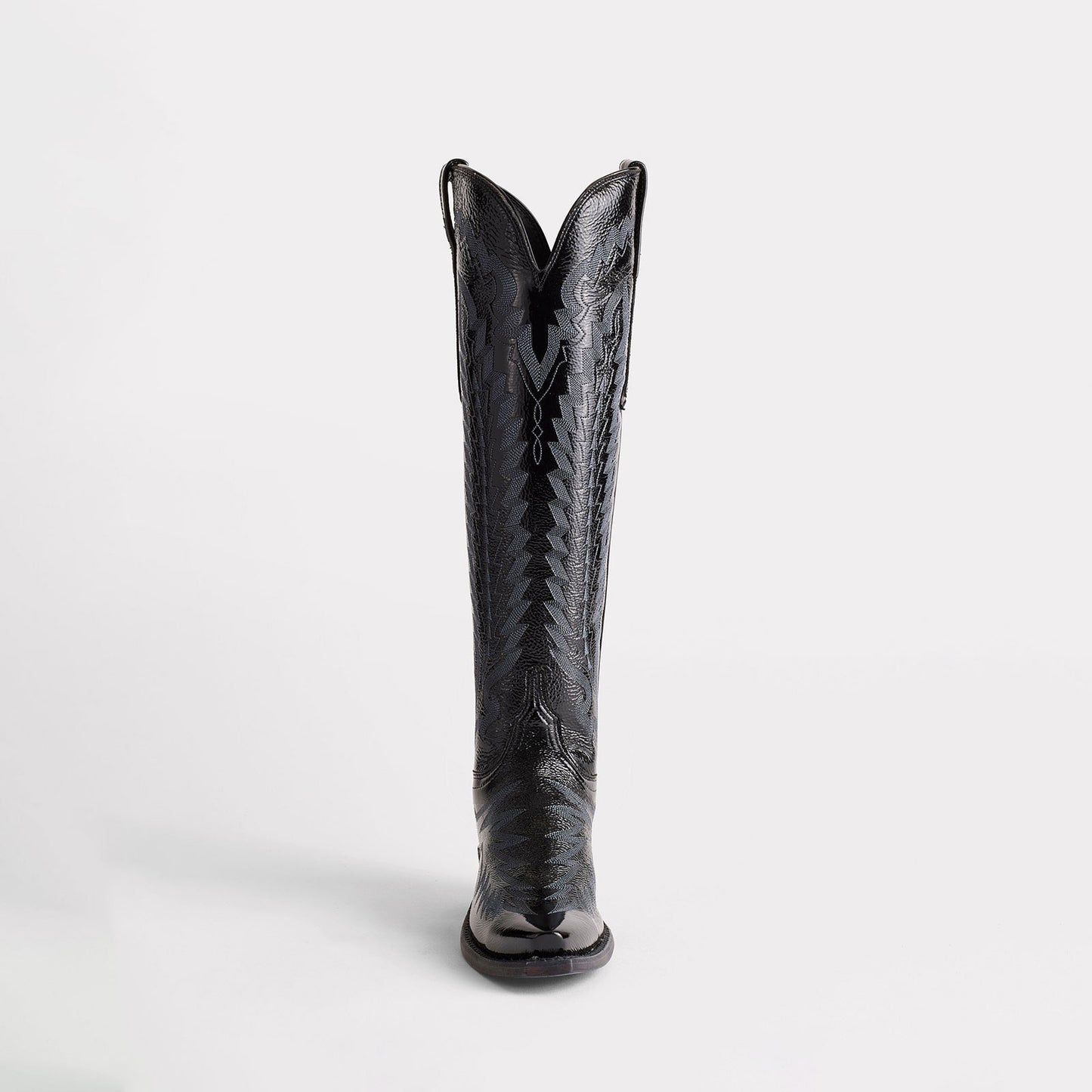Patent Black Snip-Toe Western Embroidery Wide Calf Knee High Chic Cowgirl Boots