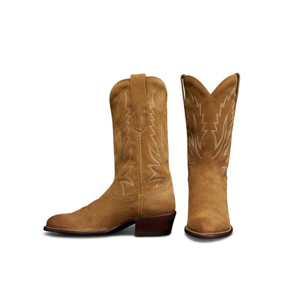 Caramel Faux Suede Almond-Toe Embroidery Mid Calf Cowgirl Boots