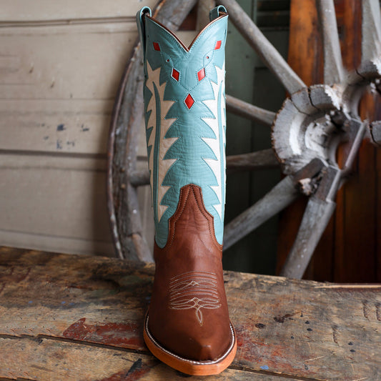 Contrast Brown And Turquoise Snip-Toe White Inlay Mid Calf Cowgirl Boots