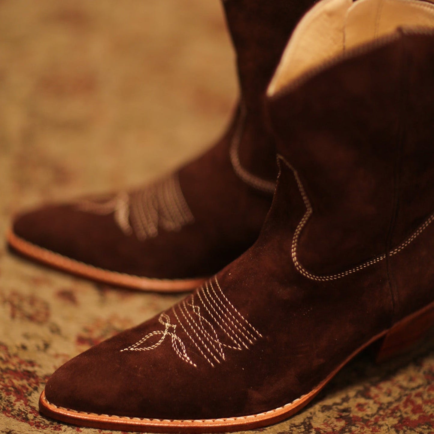 Brown Faux Suede Round-Toe Classic Stitch Full-Zip Ankle Cowgirl Boots