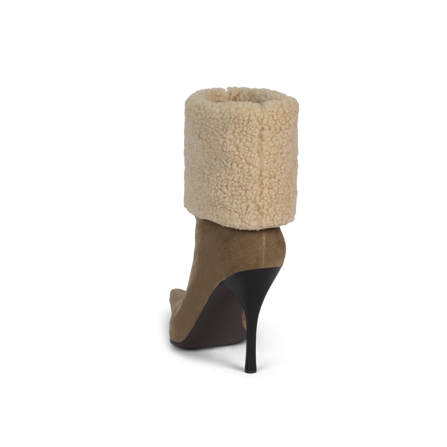 Camel Faux Suede And Plush Pointed-Toe Full-Zip Ankle Stiletto Boots