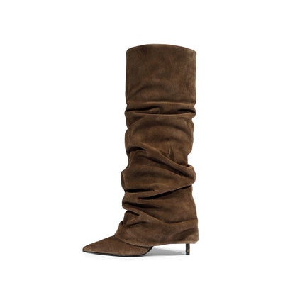 Brown Faux Suede Pointed-Toe Tall Fold-Over Wide Calf Knee High Stiletto Boots