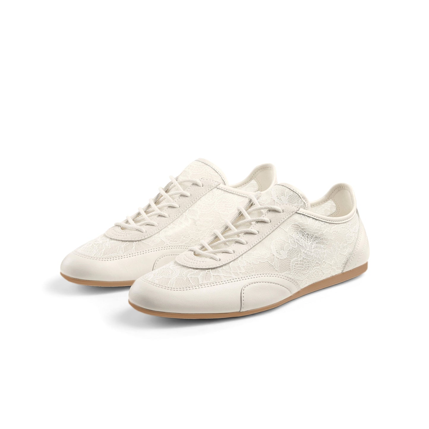 Ivory Faux Suede And Lace Mesh Round-Toe Lace-Up Sneakers Flats