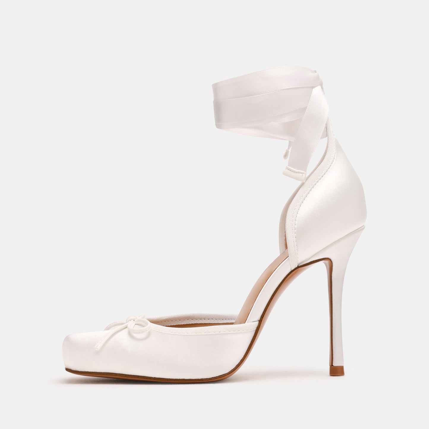 Ivory Satin Square-Toe Front Bow Ankle Strap Slip-On High Heels