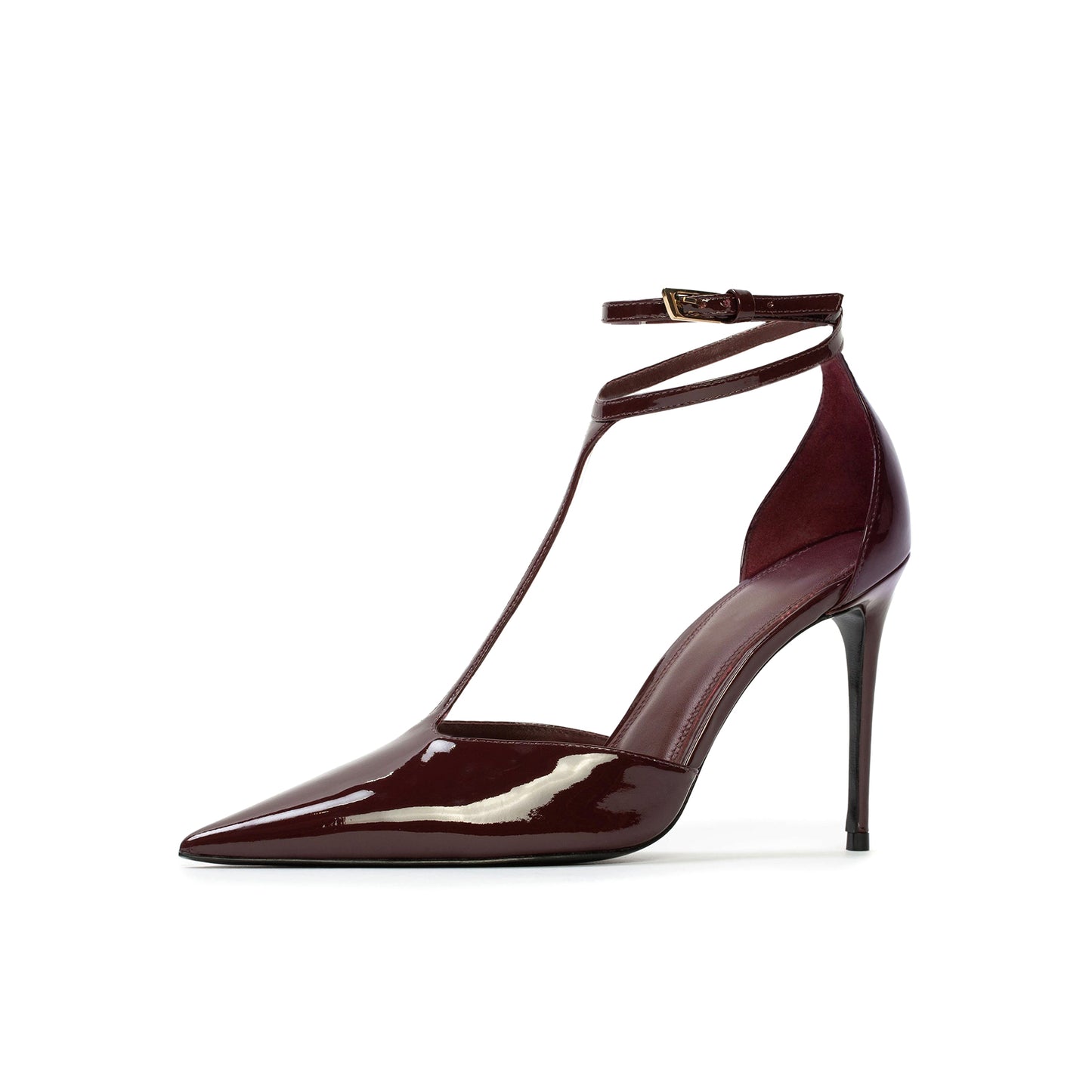 Patent Burgundy Pointed Toe Ankle Strap With Buckle High Stiletto Heel