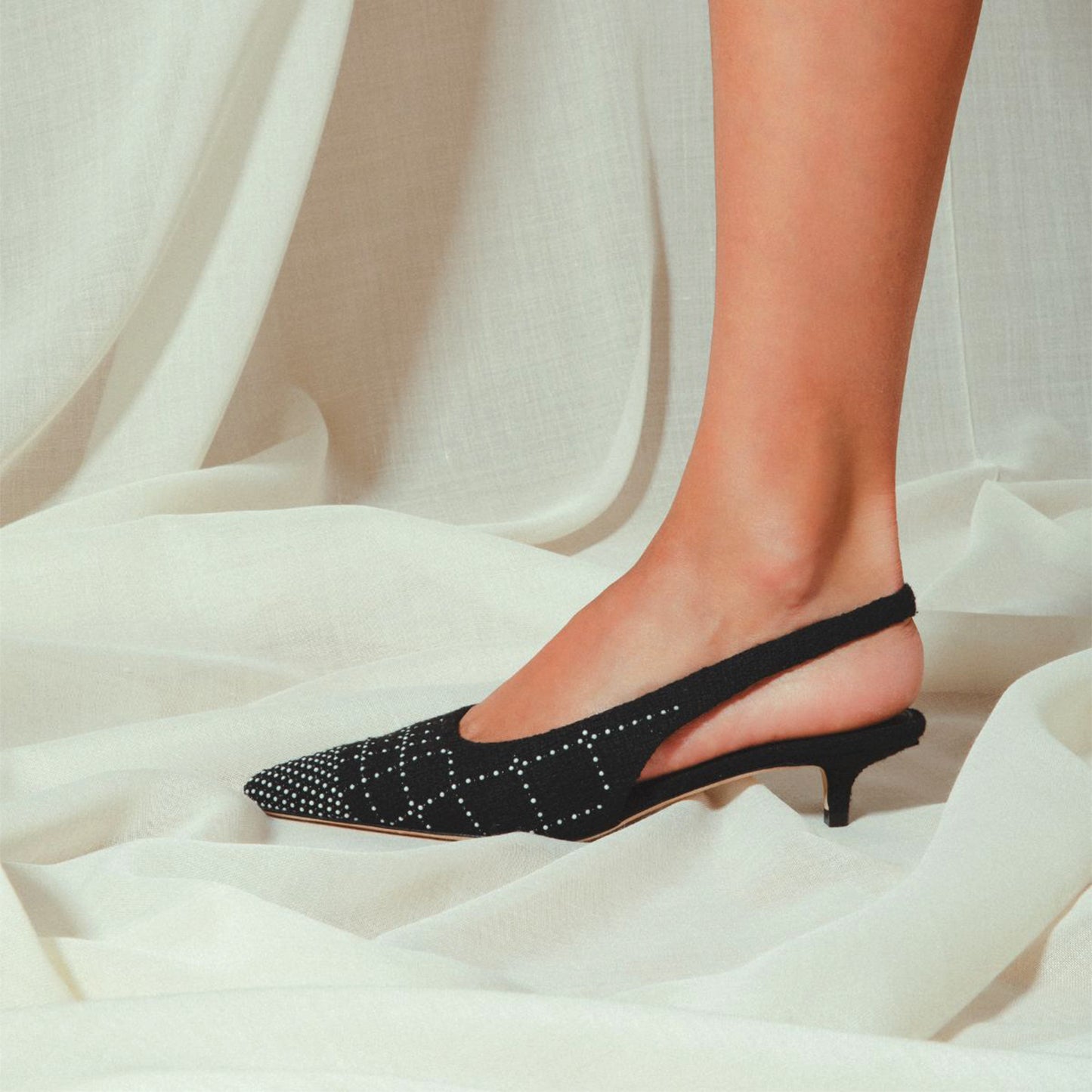Black Tweed With Pearls Pointed-Toe Slingback Slip-On Kitten Heels