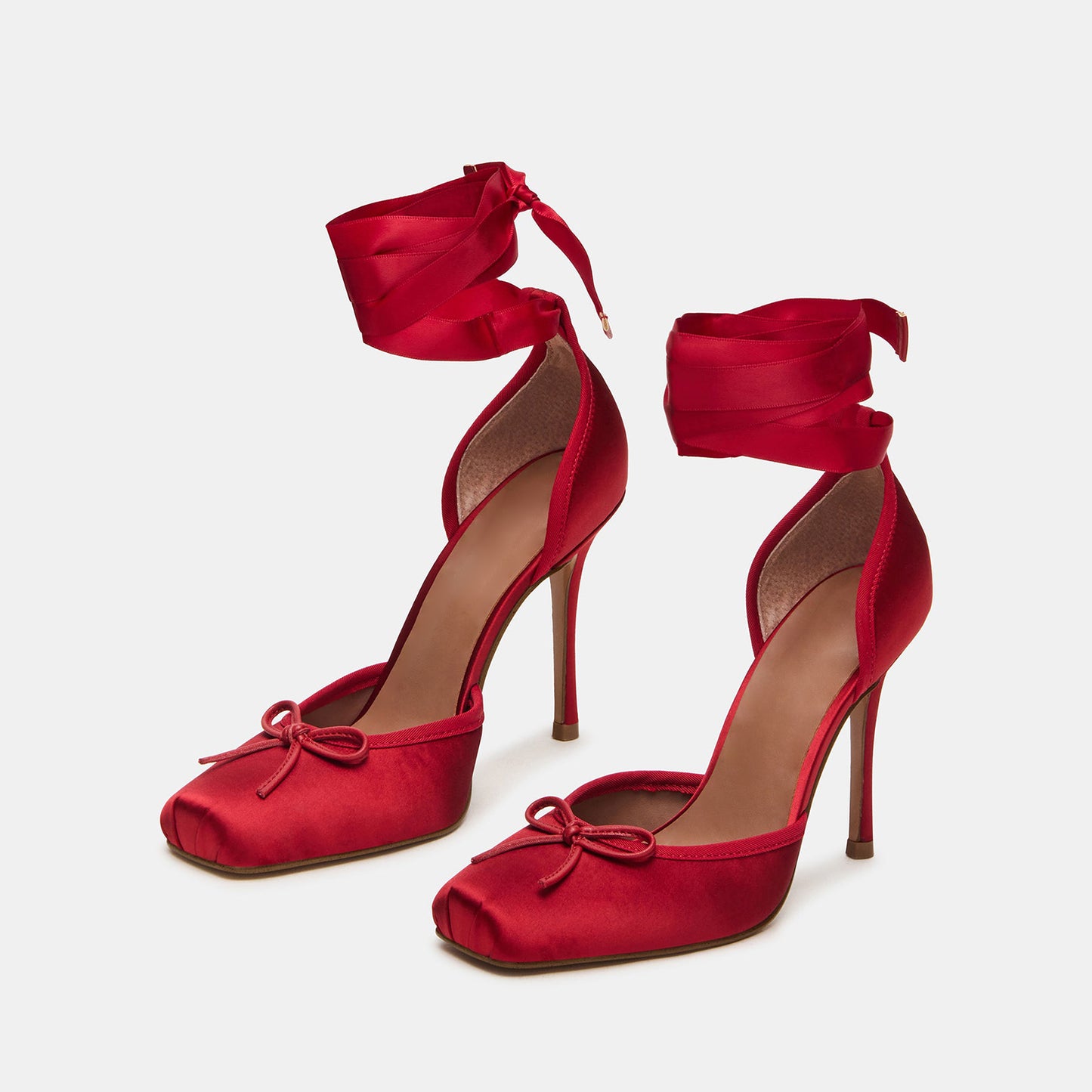 Red Satin Square-Toe Front Bow Ankle Strap Slip-On High Heels