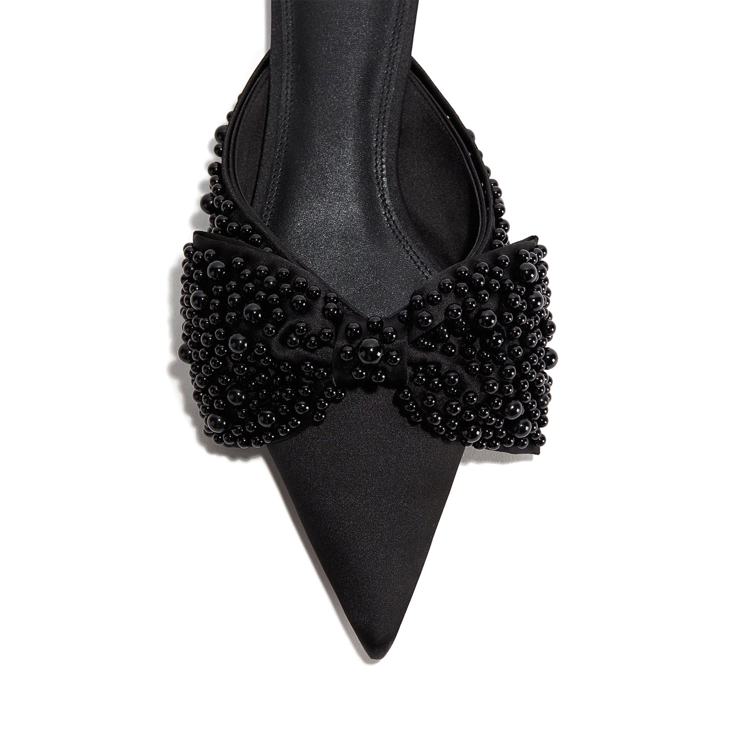 Black Satin Pointed-Toe Front Studded Bow Slip-On Flats