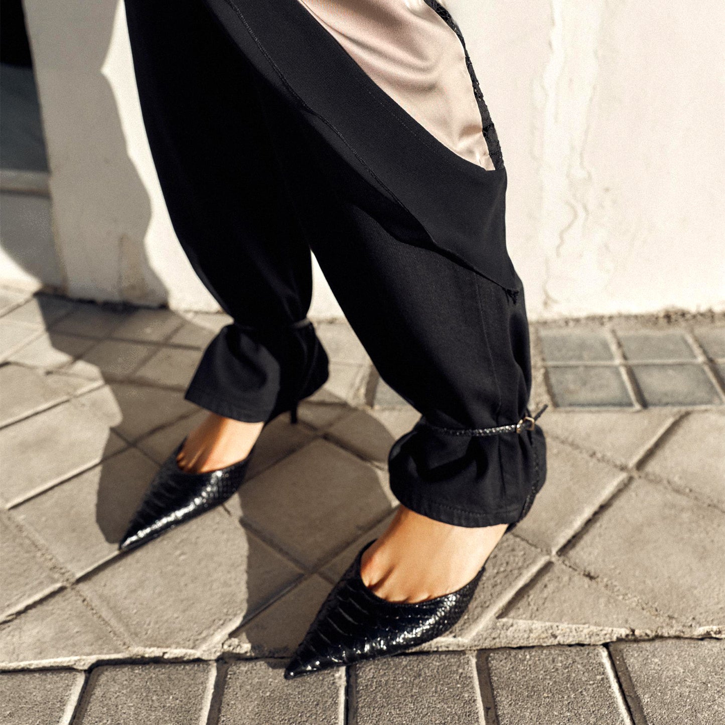 Black Snakeskin Print Pointed-Toe Ankle Strap Kitten Heels