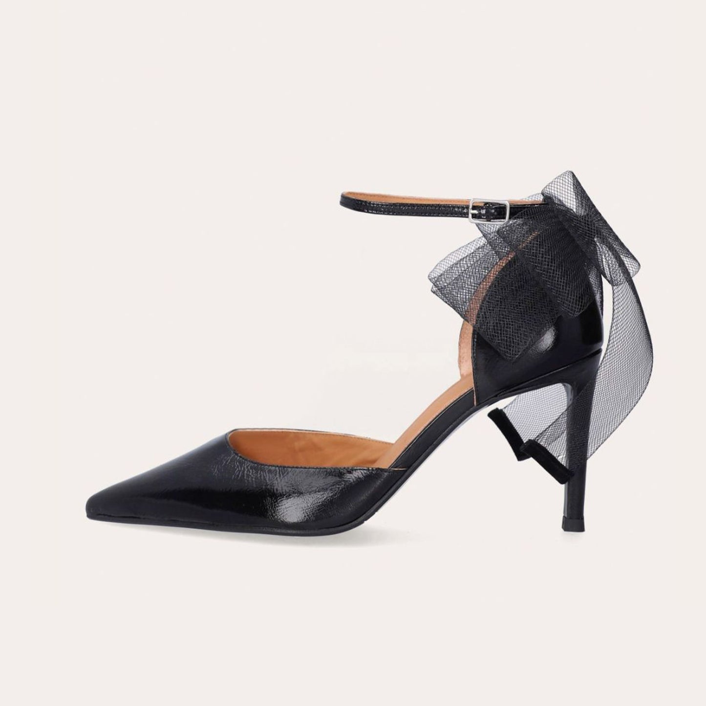 Black Pointed-Toe Chic Back Big Mesh Bow And Ankle Strap High Heels