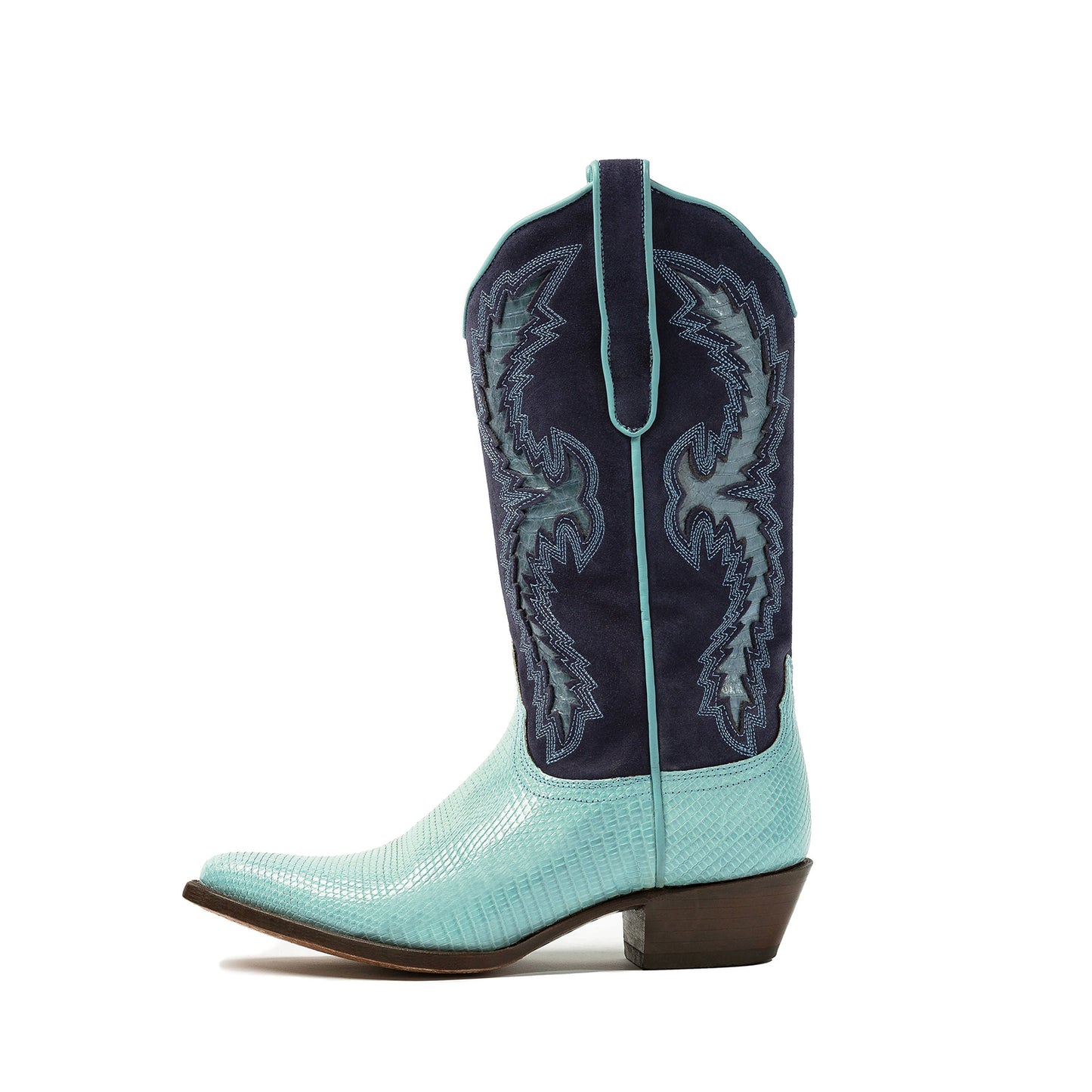 Contrast Lizard Print And Navy Faux Suede Snip-Toe Embroidery And Inlay Mid Calf Cowgirl Boots