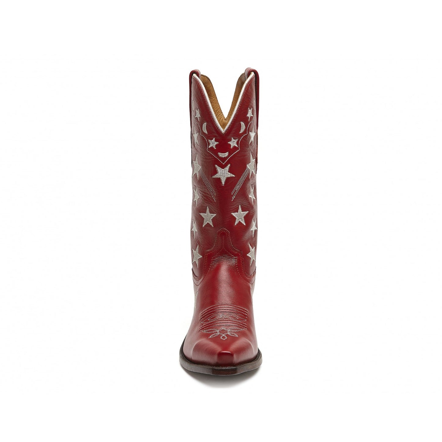 Red Snip-Toe Stars And Moons Embroidery Mid Calf Cowgirl Boots
