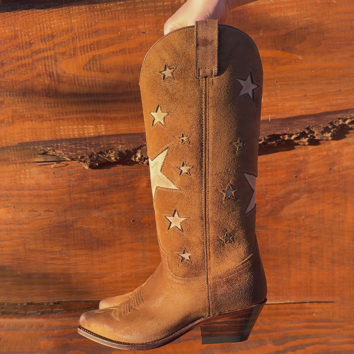 Brown Faux Suede Snip-Toe Chic Stars Inlay Mid Calf Cowgirl Boots