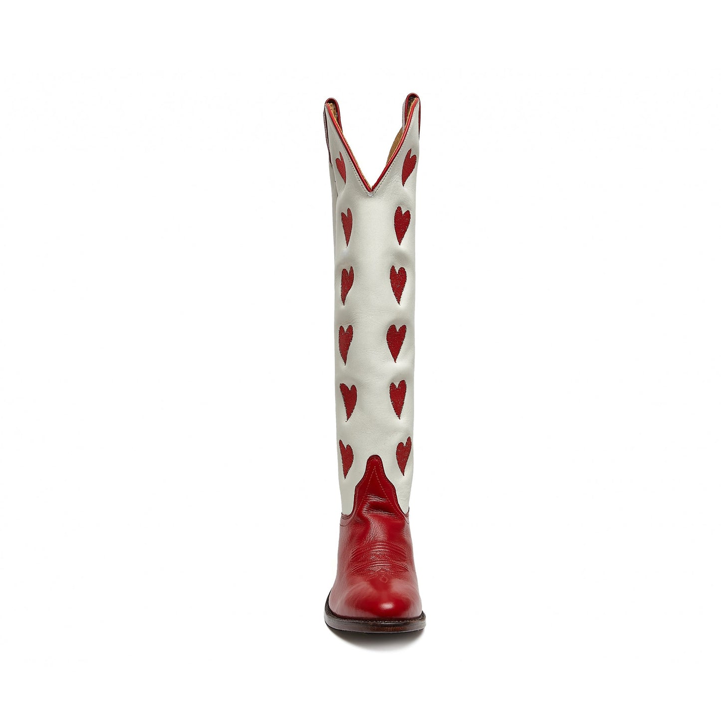 Contrast White And Red Almond-Toe Hearts Inlay Wide Calf Knee High Cowgirl Boots