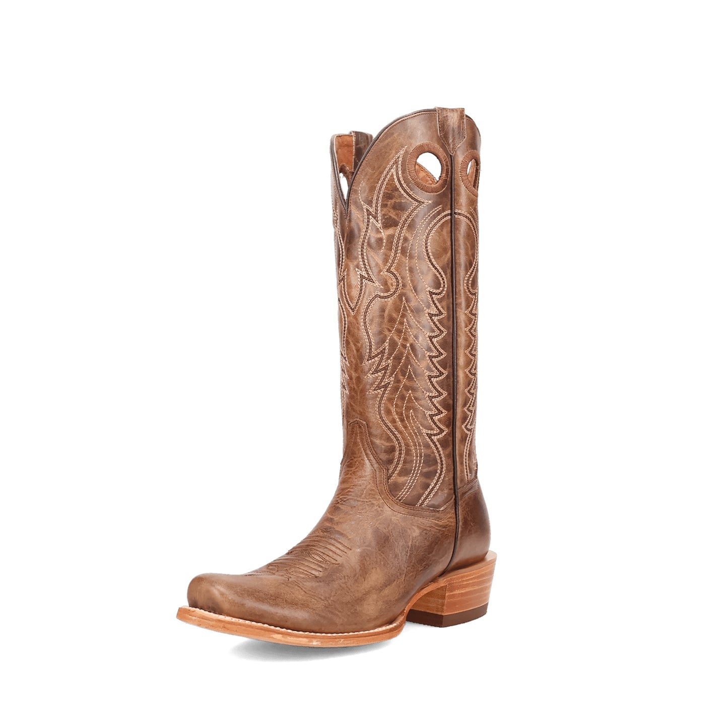Camel Square-Toe Embroidery Cutout Mid Calf Cowgirl Boots
