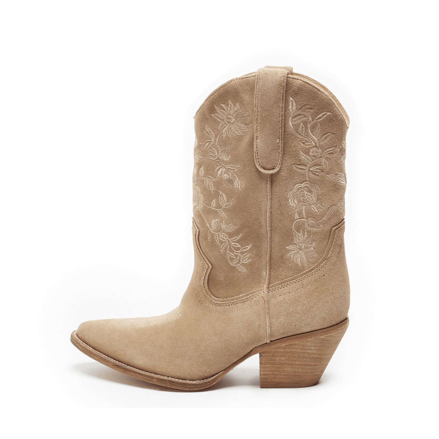 Taupe Faux Suede Round-Toe Chic Flowers Embroidery Ankle Cowgirl Boots