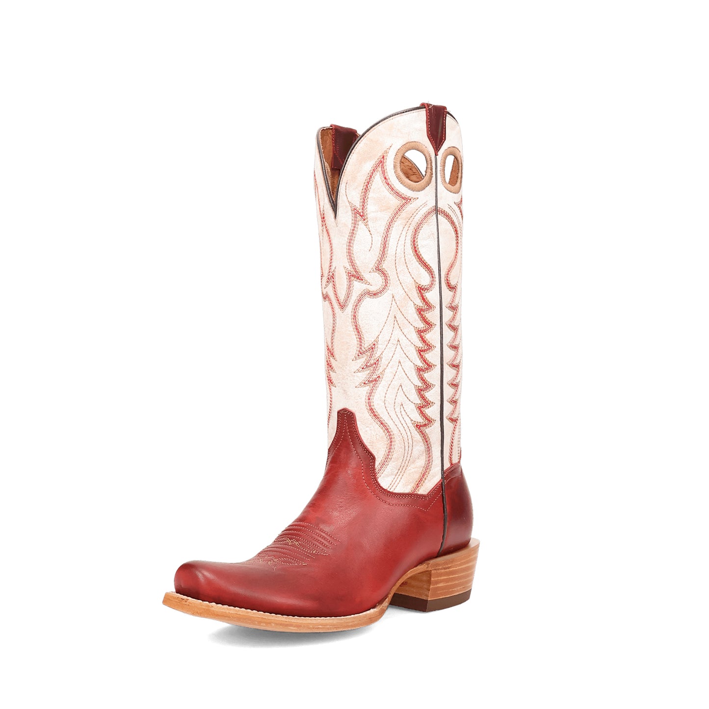 Contrast Ivory And Red Square-Toe Embroidery Cutout Mid Calf Cowgirl Boots