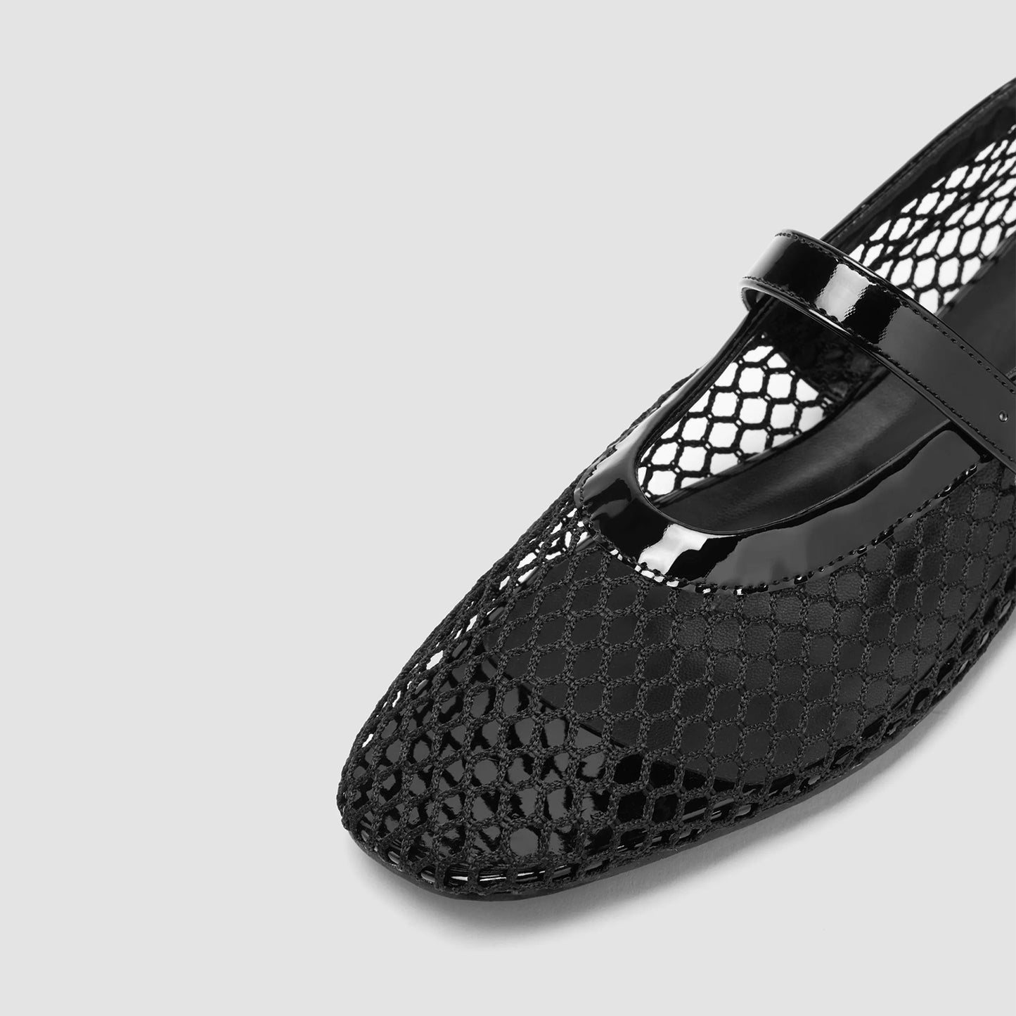 Black Mesh And Patent Leather Square-Toe Mary Jane Ballet Flats