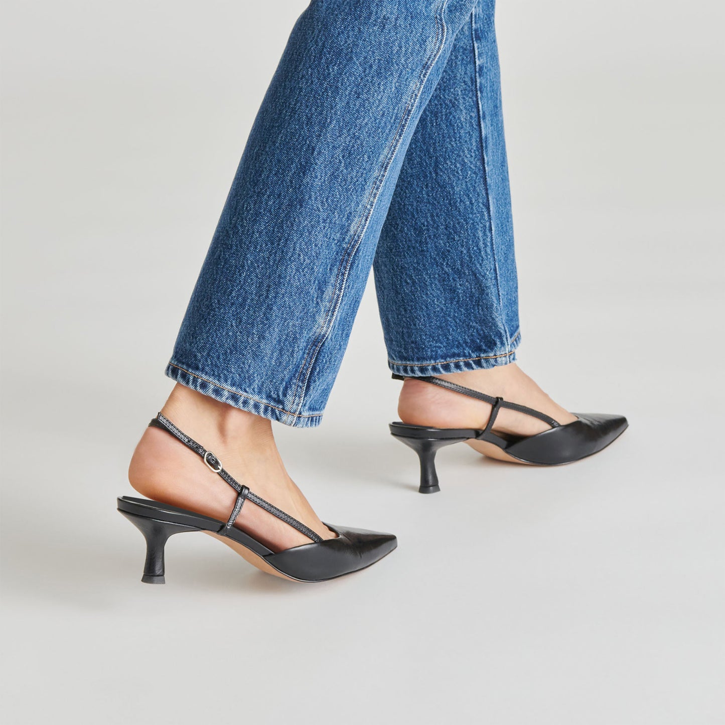 Black Pointed-Toe Classic Slip-On Slingback Kitten Heels