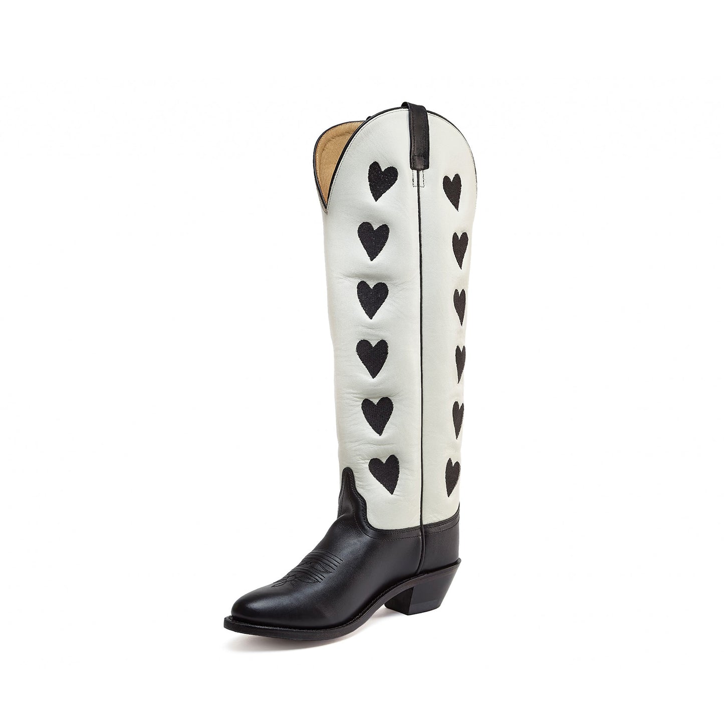 Contrast White And Black Almond-Toe Hearts Inlay Wide Calf Knee High Cowgirl Boots