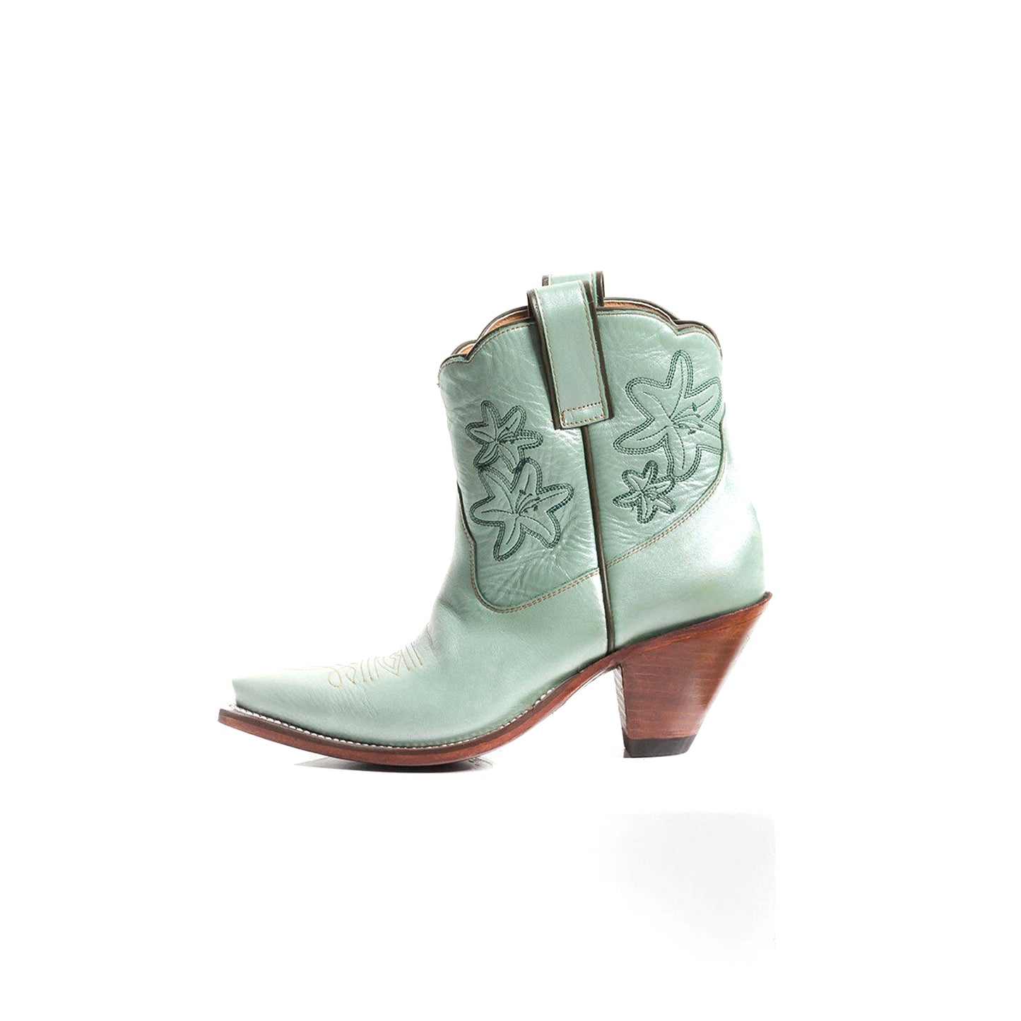 Metallic Green Snip-Toe Flowers Embroidery Ankle Cowgirl Boots