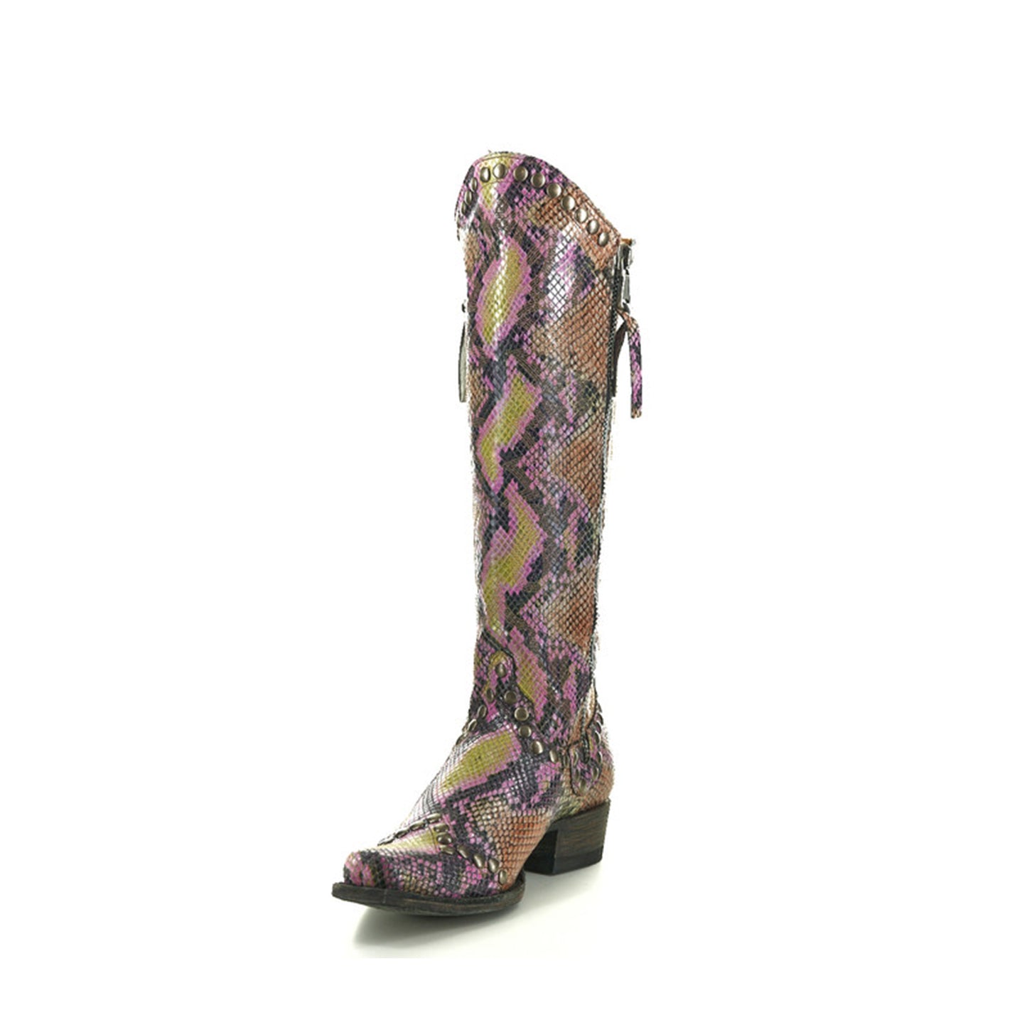 Snakeskin Print Snip-Toe Studs Detail Full-Zip Mid Calf Cowgirl Boots