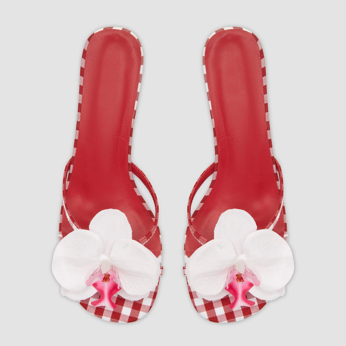 Red Plaid Cloth Square-Toe Front White Flower Backless Kitten Heels