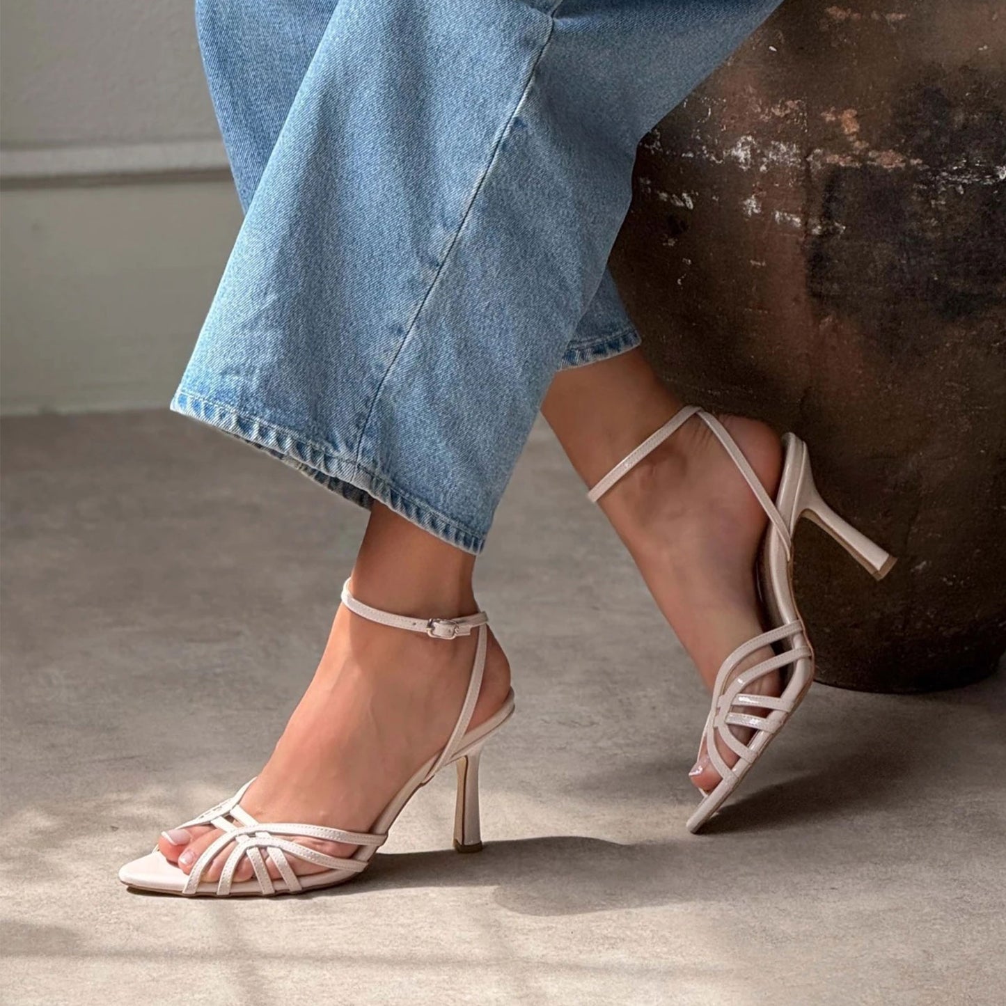 White Pointed-Toe Strappy Back And Ankle Strap High Heels