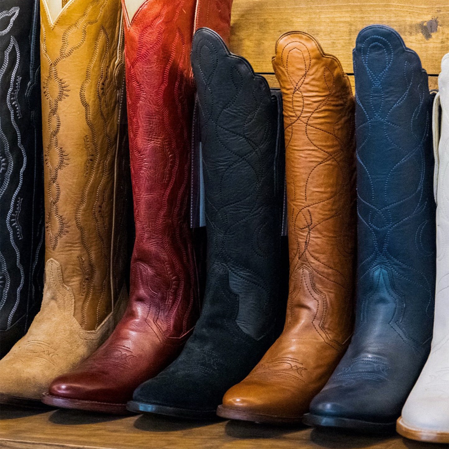 Blue Round-Toe Classic Embroidery Mid Calf Cowgirl Boots For Women