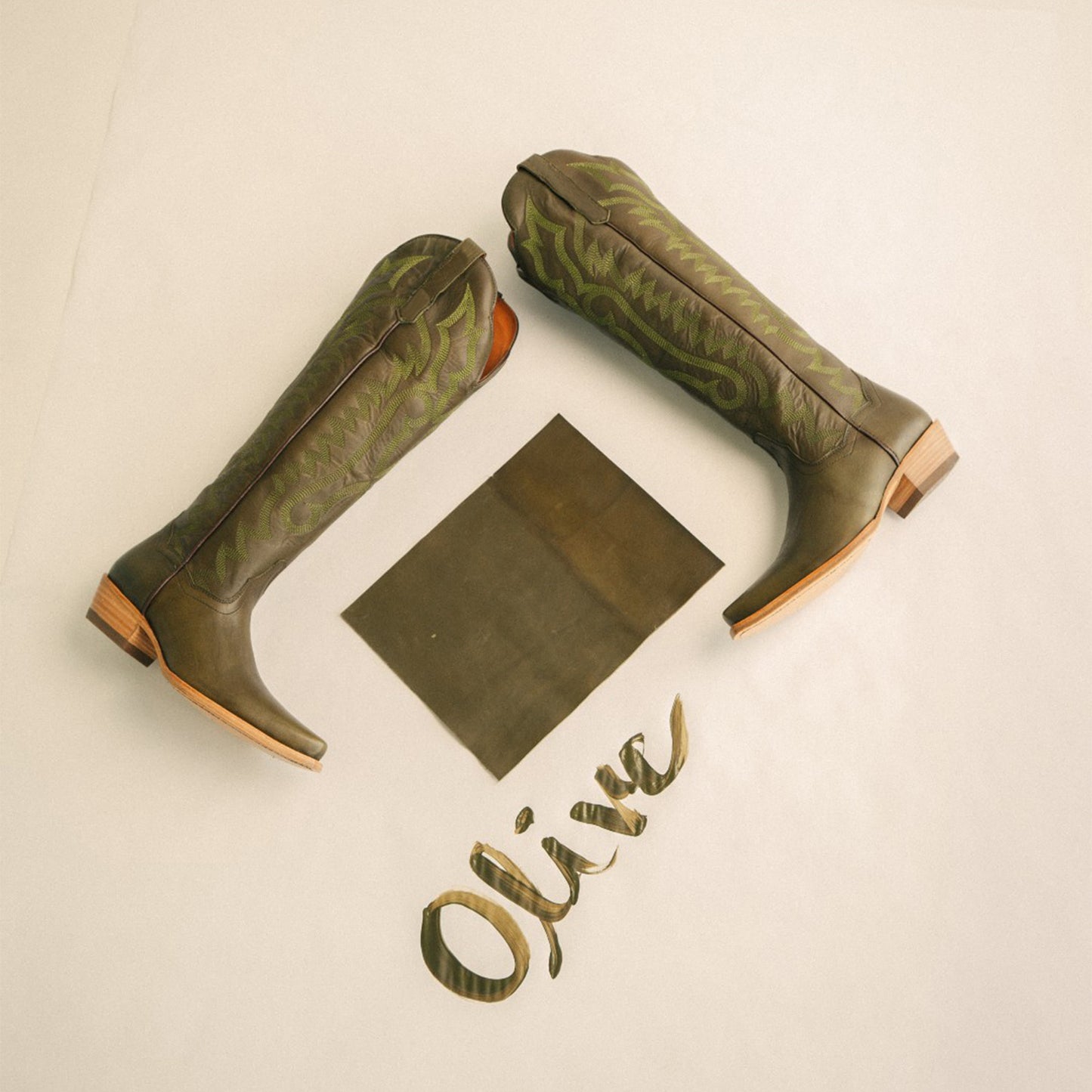 Olive Green Snip-Toe Grace Embroidery Half-Zip Knee High Cowgirl Boots