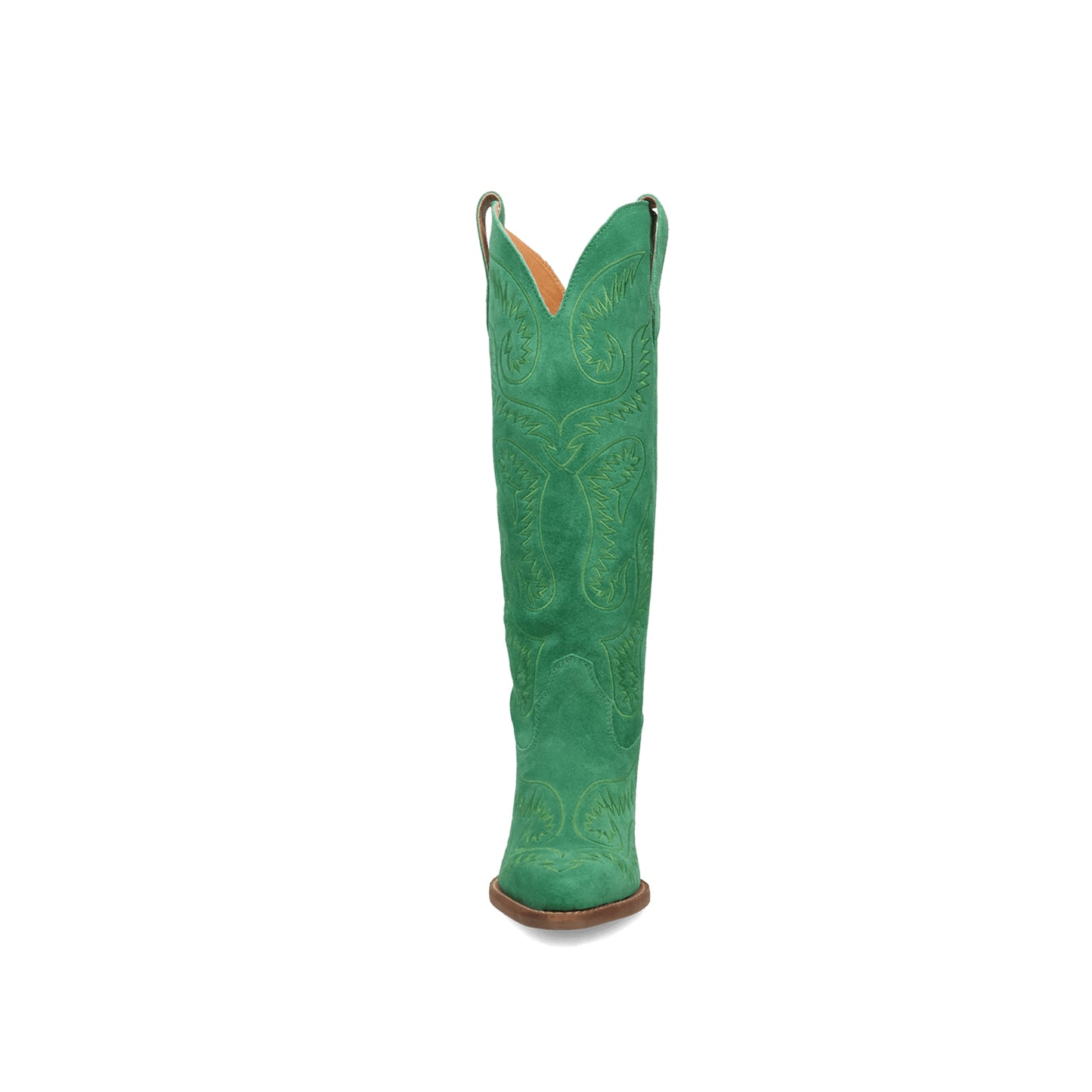 Green Faux Suede Snip-Toe Lively Embroidery Wide Calf Knee High Cowgirl Boots