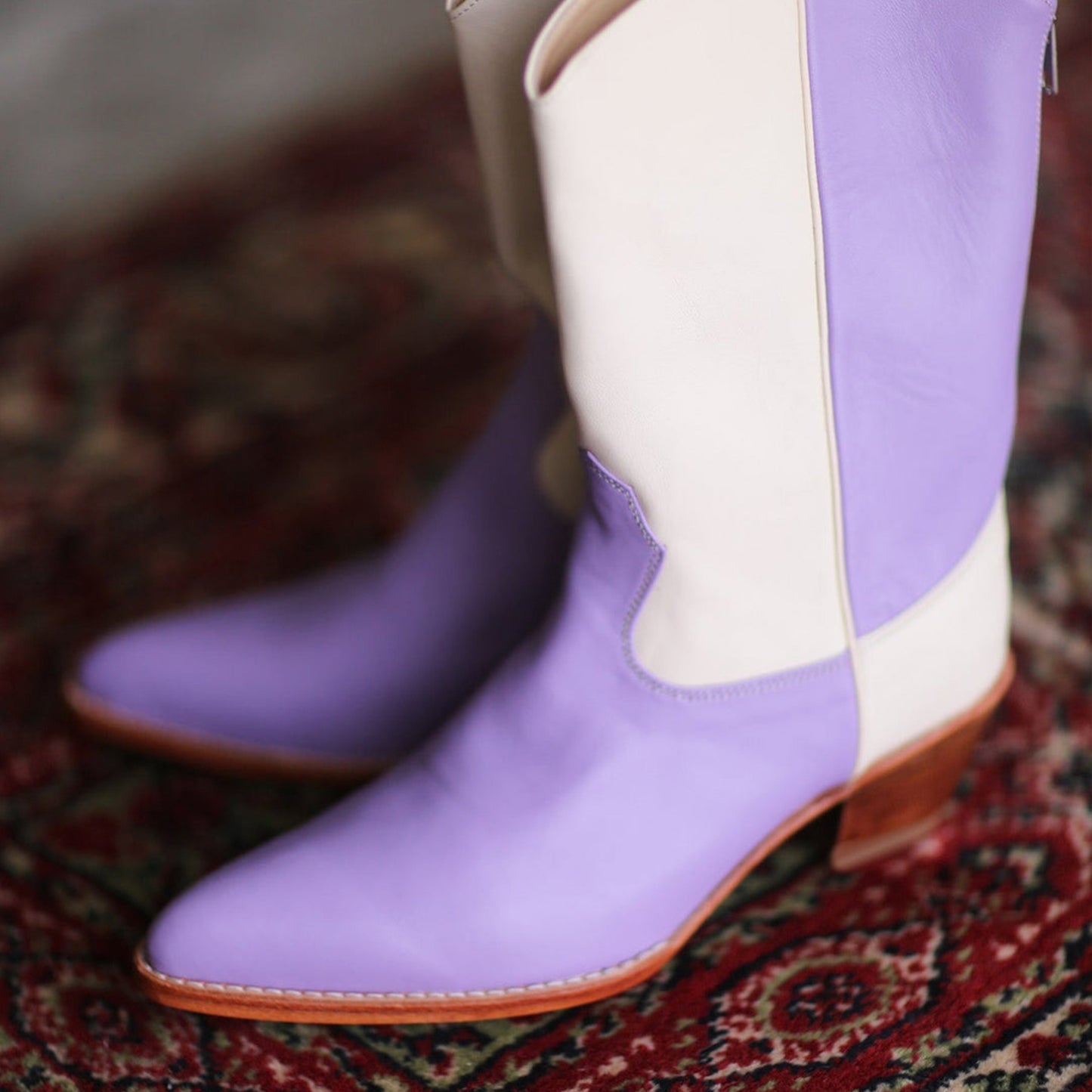 Cream And Lavender Almond-Toe Simple Back Full-Zip Mid Calf Cowgirl Boots