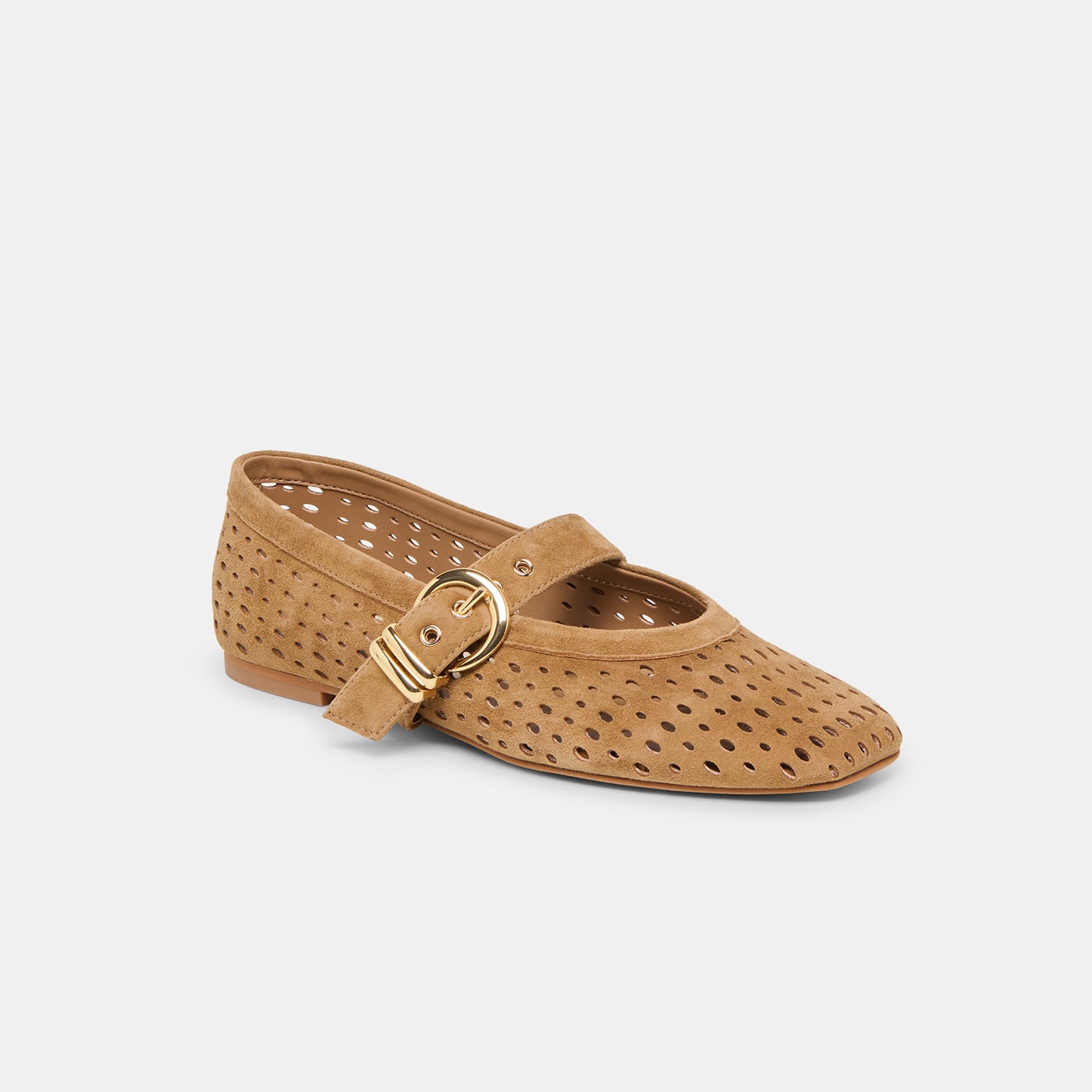 Brown Perforated Faux Suede Square-Toe Mary Janes Ballet Flats